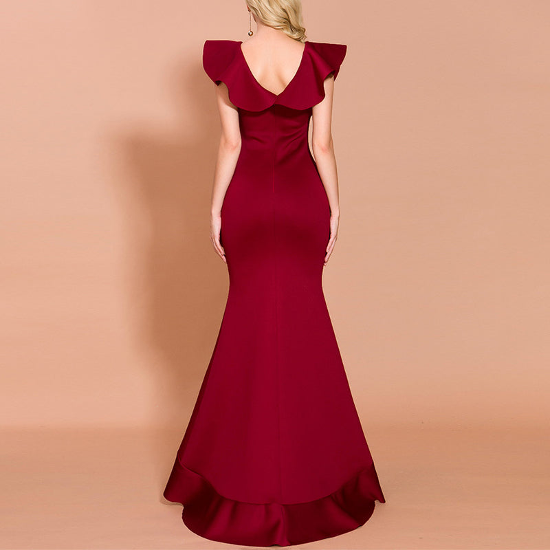 Women's Sexy Sleeveless Ruffles White Pencil V-Neck Gown Evening Party Dress