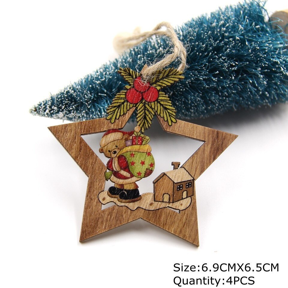 1SET Star Printed Wooden Pendant Ornaments Xmas Tree Ornament DIY Wood Crafts Kids Gift for Home Christmas Party Decoration