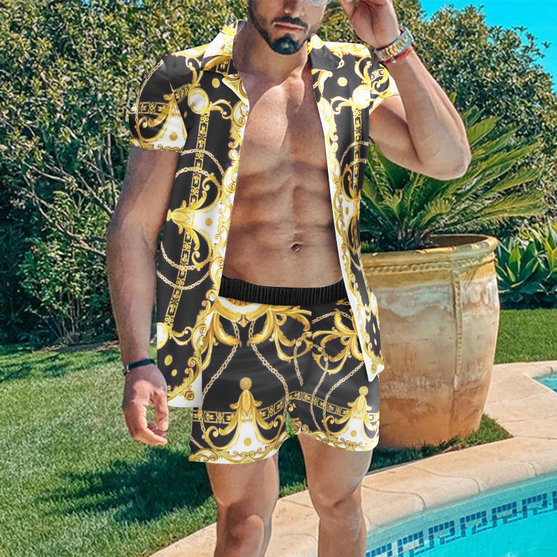 Summer Short Sleeve Shirt Suit Men Fashion Floral Print Hawaiian Shirts + Beach Shorts Casual Beach Clothing Sets Vetement Homme