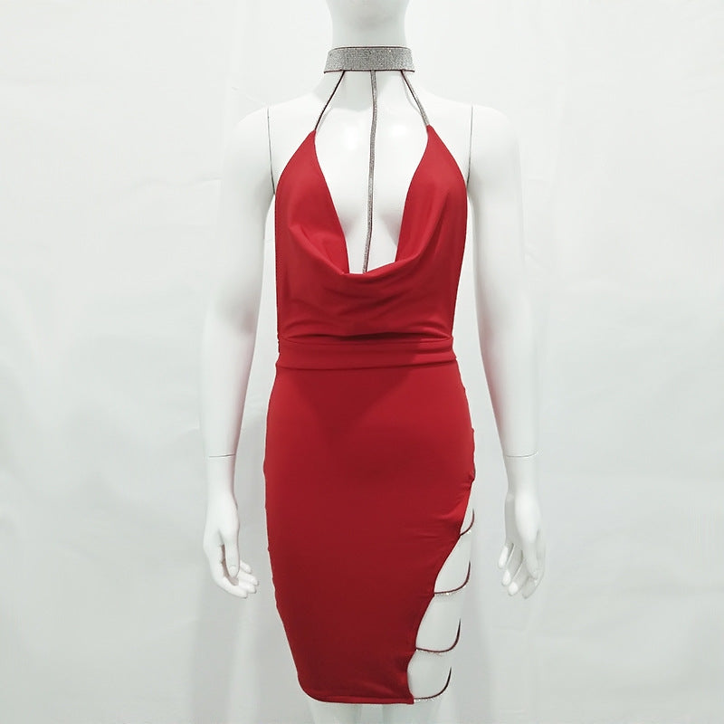 Night Club Bright Diamond Halter Sexy Cut Out Tight Mini Party Dress