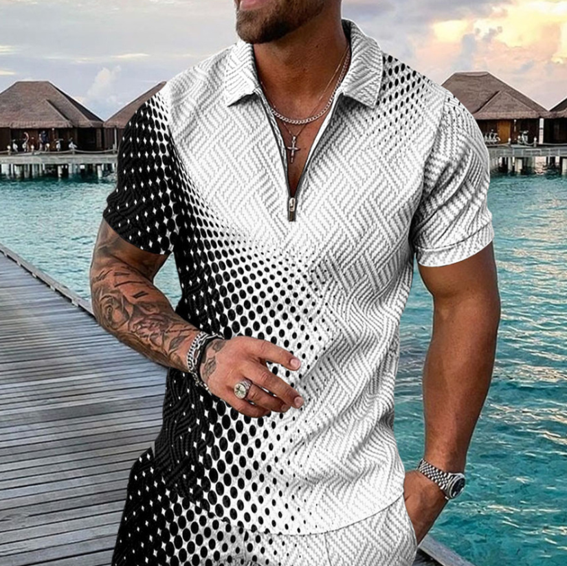 Men's Casual Pattern Print Short Sleeve Zipper Polo Shirt 2022 Brand Men Short-Sleeved Summer Shirt Clothing