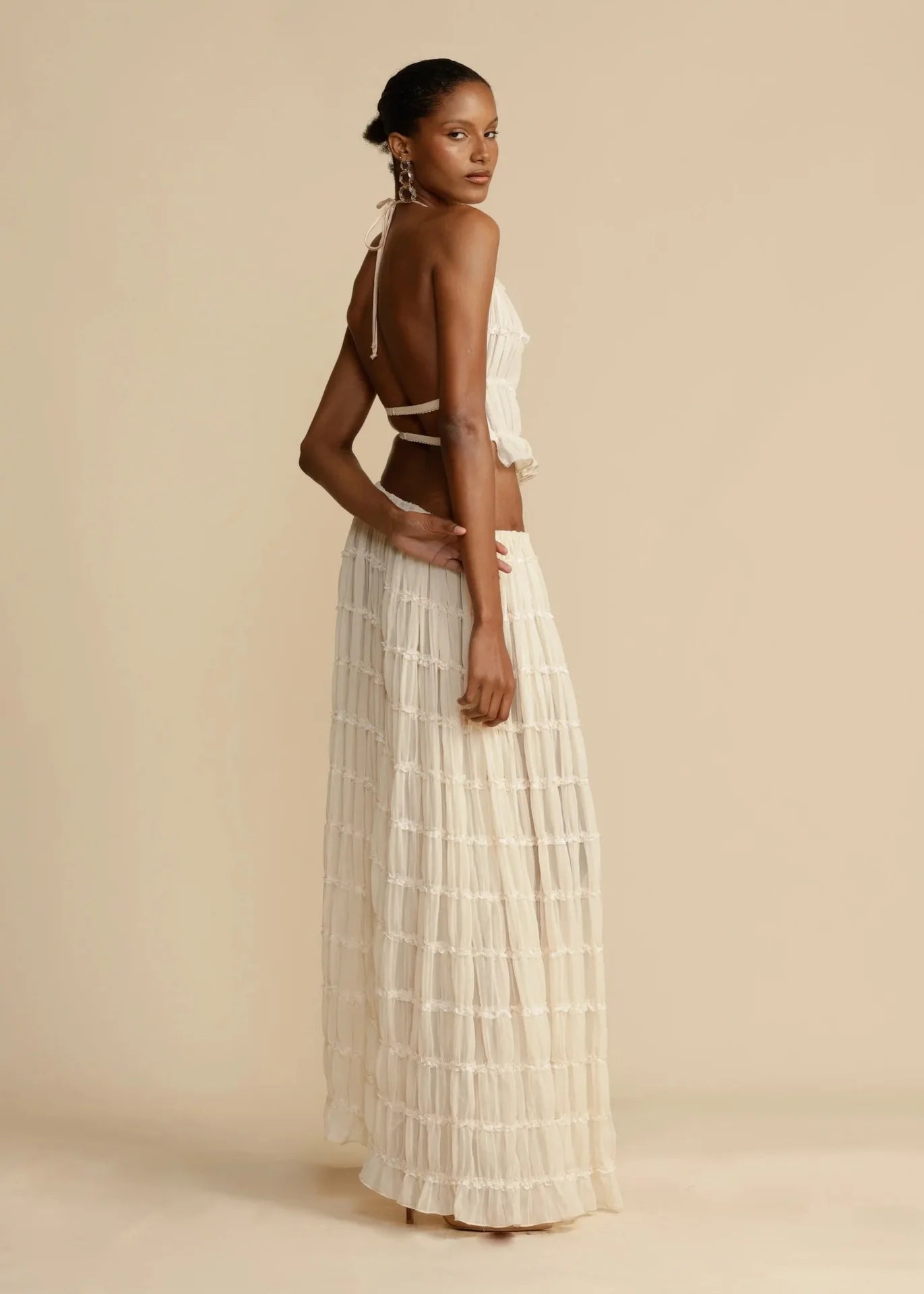 Backless Halter Camisole Top Drawstring Chiffon Pleated Long Maxi Skirt 2 Piece Set