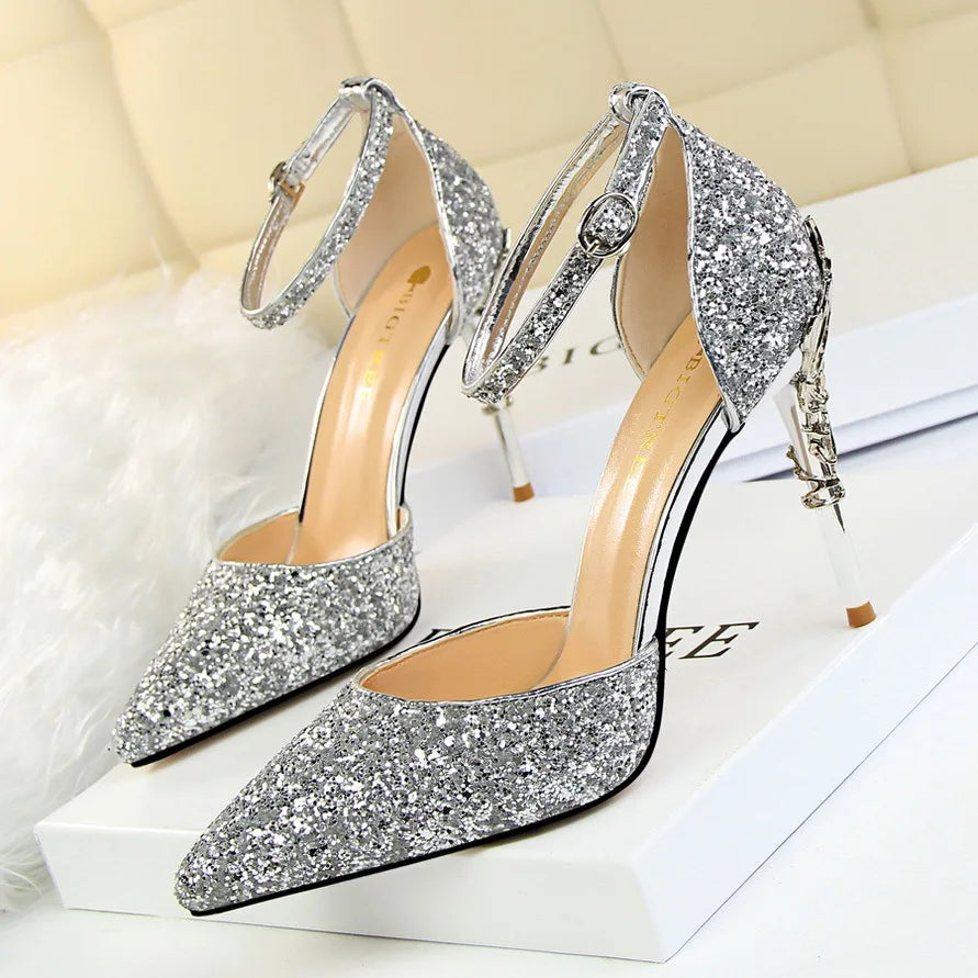 283-5 Luxurious Trendy Ladies Sandals Hollow Out Party Metal Heel Shiny Sequin Slip-On High Heel Sandals Wedding Shoes for Bride