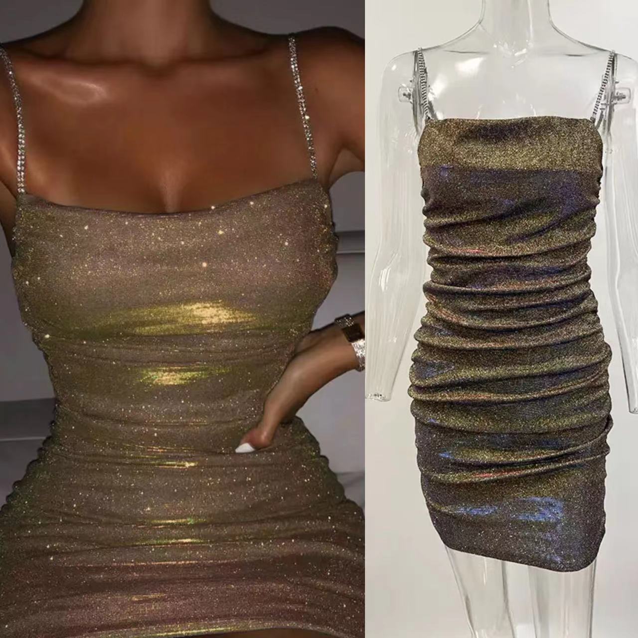 Women's Sparkle Mini Party Sequin Dress Sexy Sequin Glitter Spaghetti Straps Bandage Bodycon Mini Club Party Dress Drop Shipping