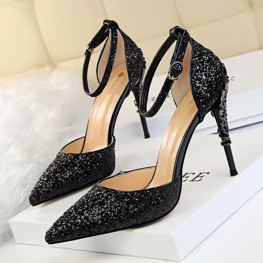 283-5 Luxurious Trendy Ladies Sandals Hollow Out Party Metal Heel Shiny Sequin Slip-On High Heel Sandals Wedding Shoes for Bride