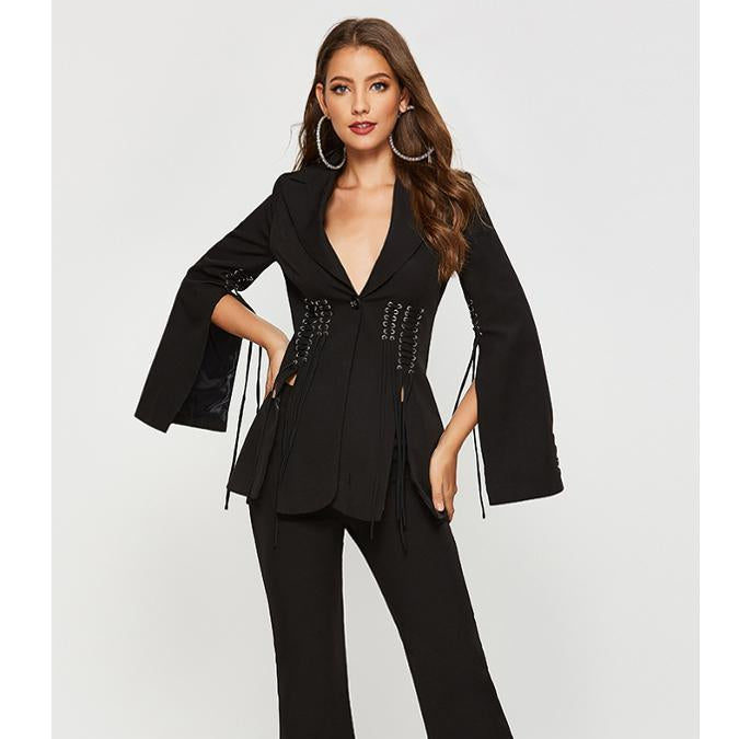 New Design Black Color Turn-Down Collar Women Rivet Stylish Lady Slim-Fit Blazer Suit