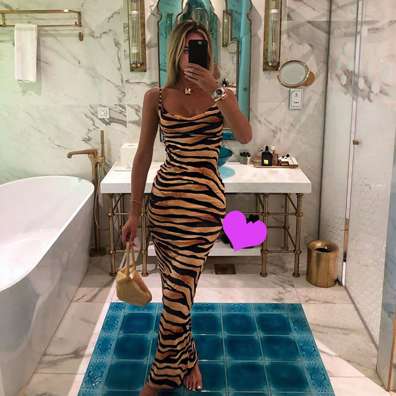 NS043 2022 Spring Summer Zebra Print Beach Dress Sexy Slim Slip Silk Maxi Dress Ladies