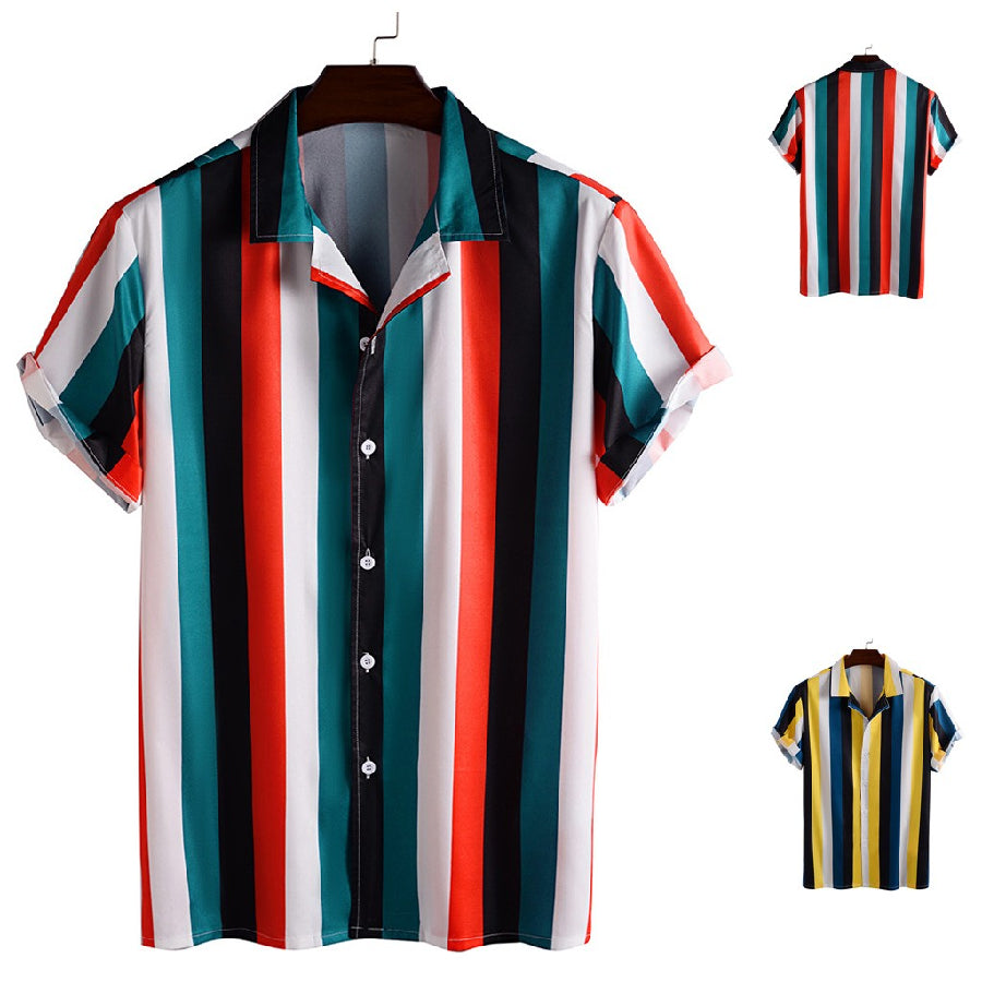 Summer Mens Shirt Top Casual Short Sleeve Hawaiian Shirts Stand Collar Strip Print Cool Thin Shirt Men