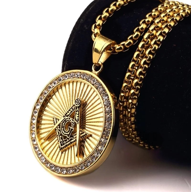 Men\'s Classic Punk Gold Plated Freemason Round Medal Pendant Necklace Hip Hop Style Rock Party Jewelry