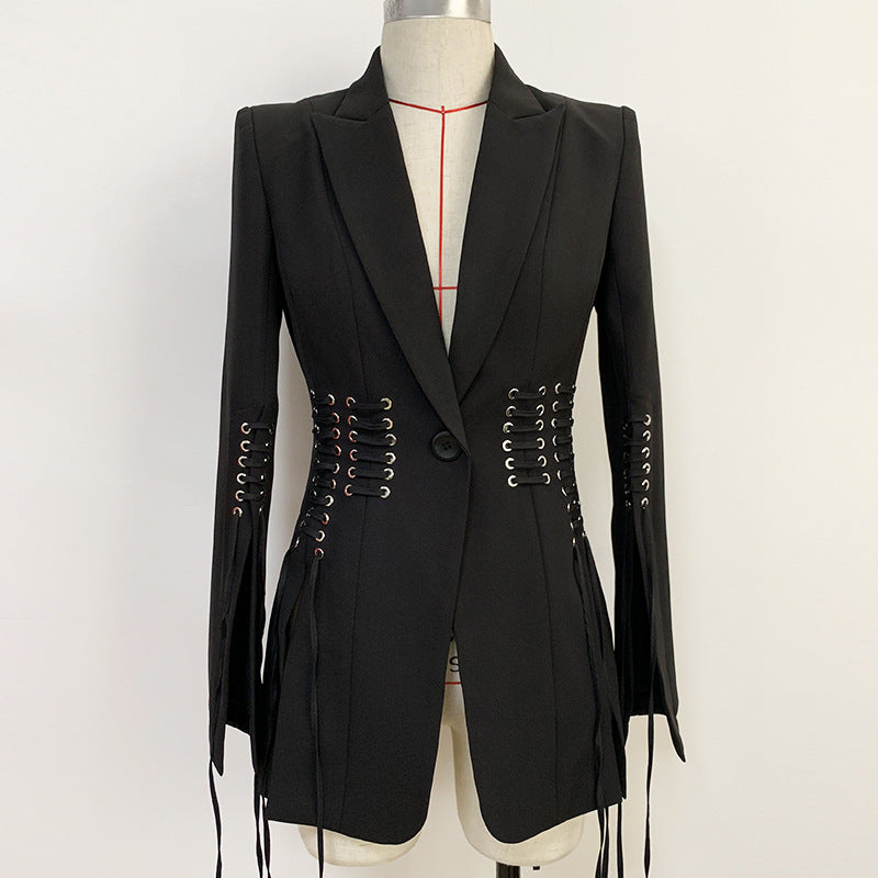 New Design Black Color Turn-Down Collar Women Rivet Stylish Lady Slim-Fit Blazer Suit