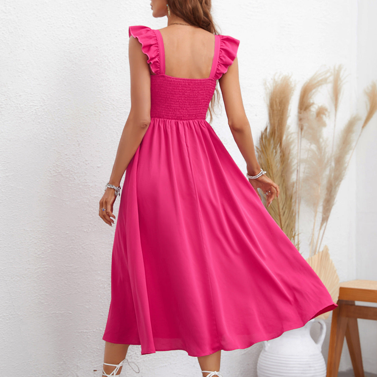 Sexy Sleeveless Pleated Midi Dress Women Casual Rose Red Square Collar Dresses