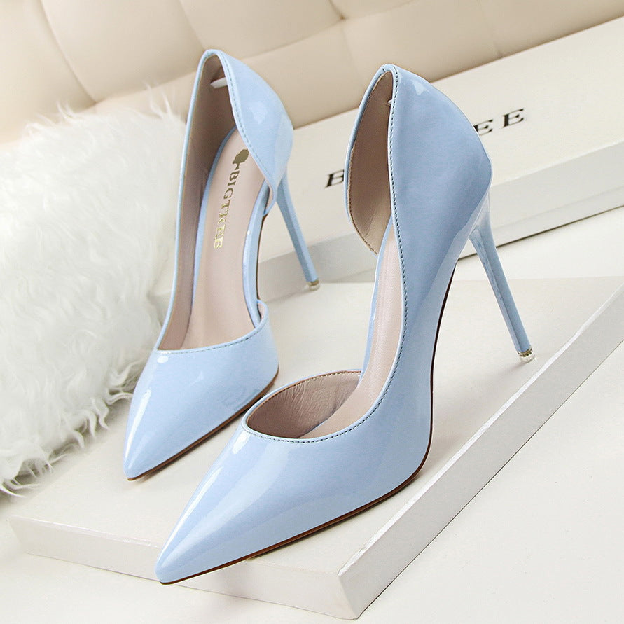 S4680F  Stylish Simple Stiletto High Heel Patent Leather Shallow Mouth Pointed Toe Hollow Sexy Girls Wedding Shoes