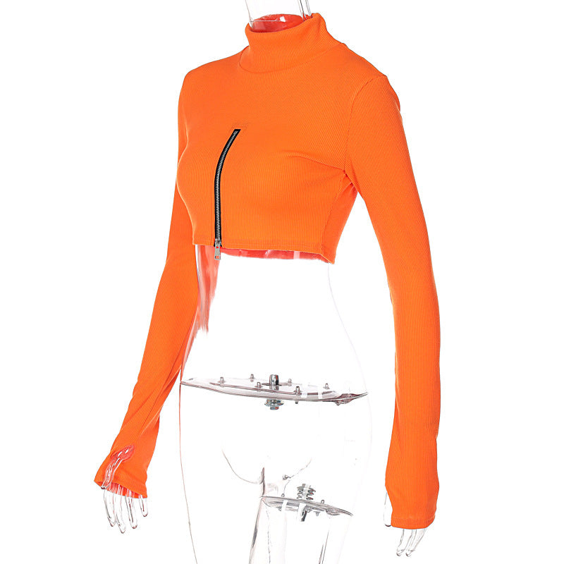 NS033 Orange 2022 New Zipper Wholesale Spring Women Tops T Shirts Sexy Sleeve Top