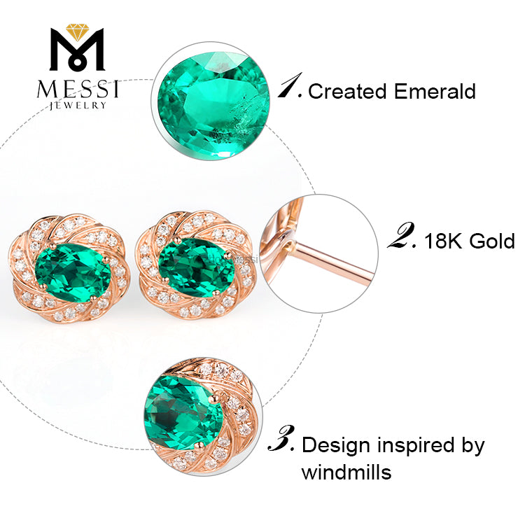 MS-199 Messi Jewelry Oval 14k 18k Gold 2 Carat Lab Created Emerald Earrings Jewellery for Women