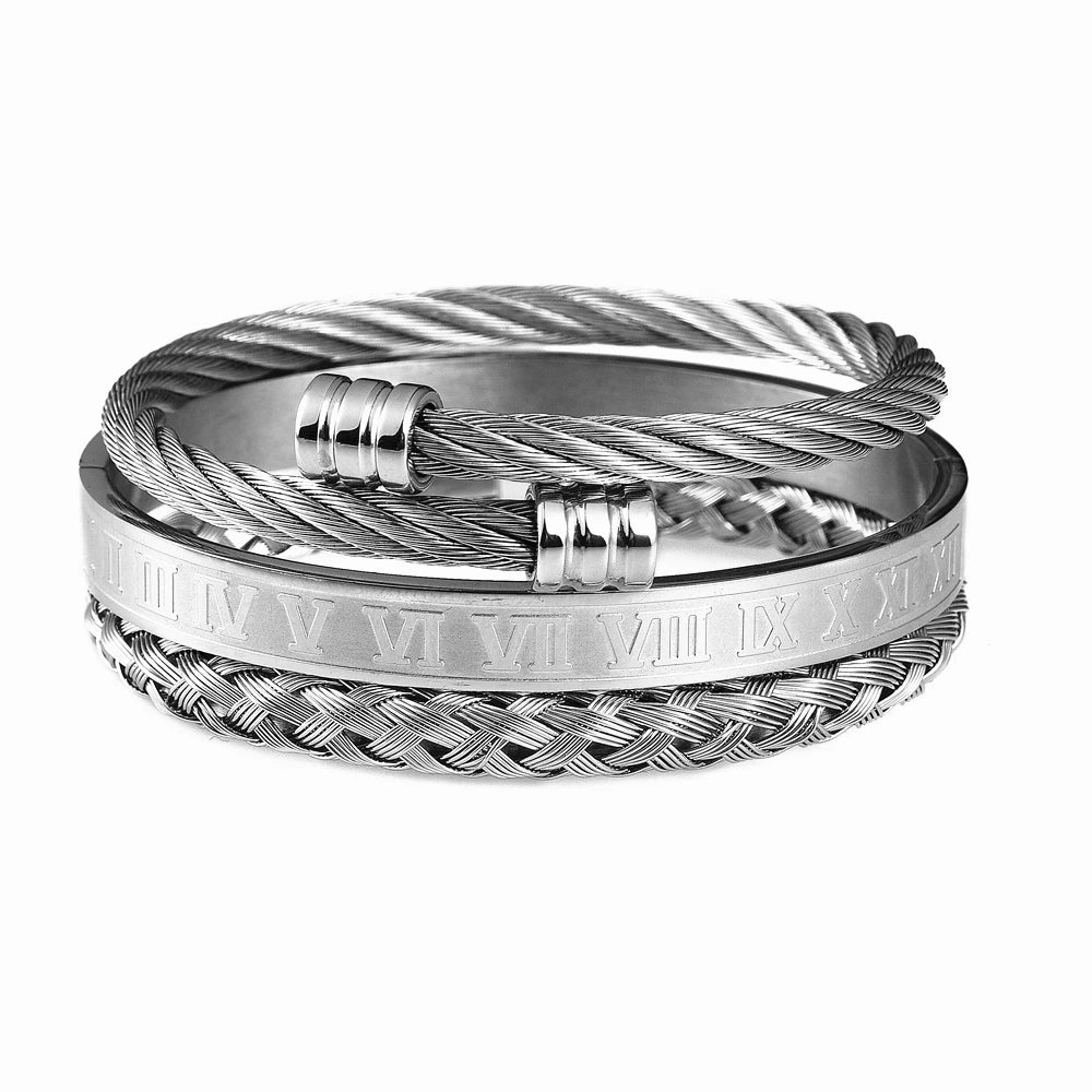 Luxury 3pcs/Set Stainless Steel Bracelet Hip Hop Men Jewelry Roman Number Charm Gold Color Jewelry for  Men Pulseira Bileklik