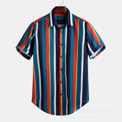 Summer Mens Shirt Top Casual Short Sleeve Hawaiian Shirts Stand Collar Strip Print Cool Thin Shirt Men
