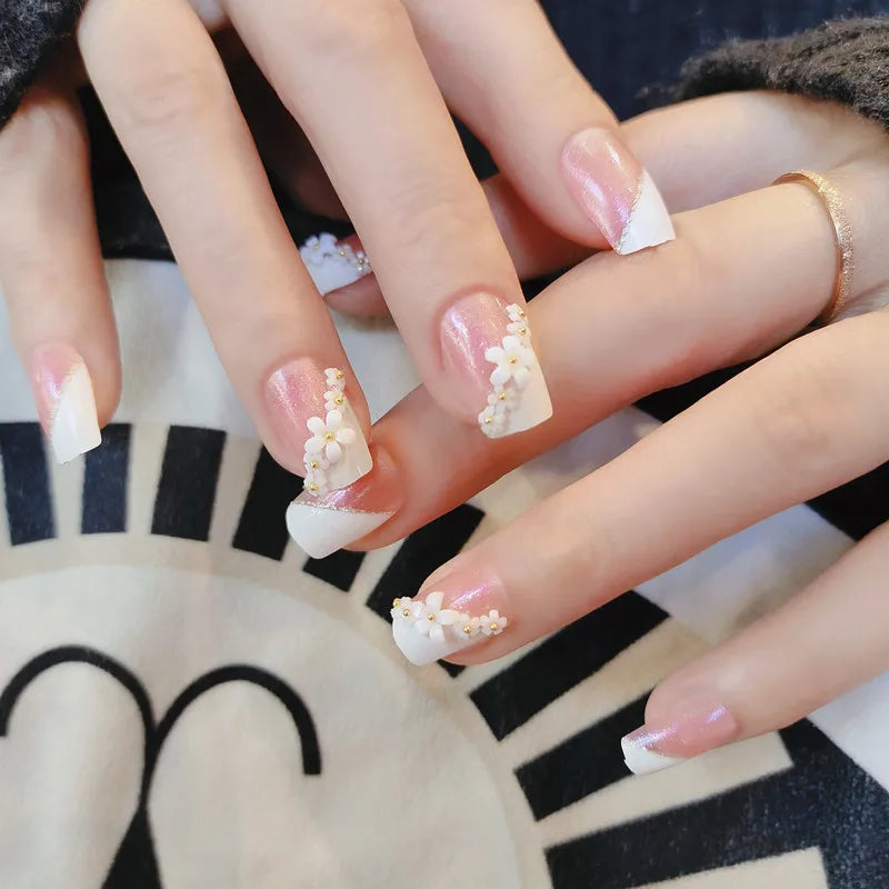 24pcs False Nails Floral Beads Decorated Artificial Nail Tips Bride Reusable Fingernails Fake Nail Press on Nail накладные ногти