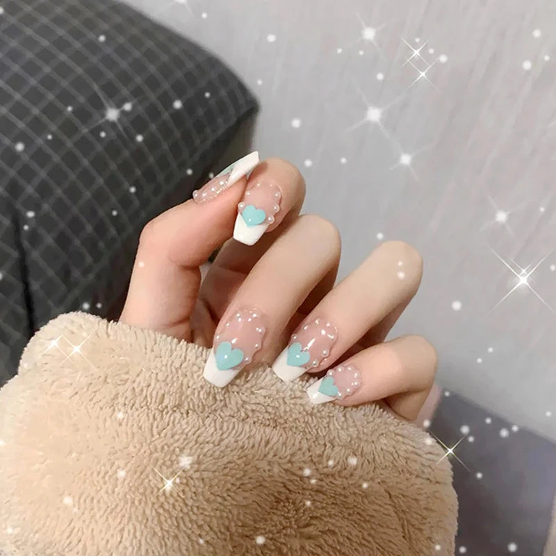 24pcs False Nails Floral Beads Decorated Artificial Nail Tips Bride Reusable Fingernails Fake Nail Press on Nail накладные ногти