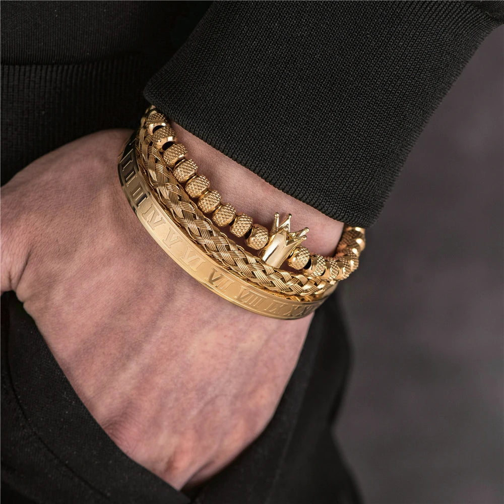 Luxury 3pcs/Set Stainless Steel Bracelet Hip Hop Men Jewelry Roman Number Charm Gold Color Jewelry for  Men Pulseira Bileklik