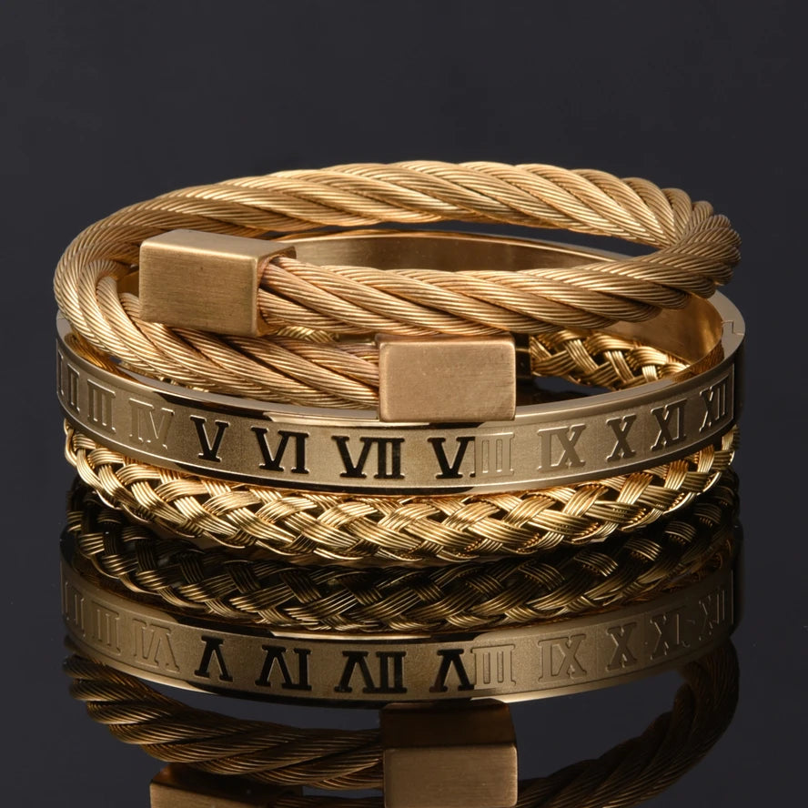 Luxury 3pcs/Set Stainless Steel Bracelet Hip Hop Men Jewelry Roman Number Charm Gold Color Jewelry for  Men Pulseira Bileklik