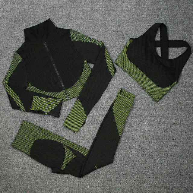 Women Activewear 3 Piece Crop Top Fitness Leggings Workout Bra Sports Jacket With Zipper Fitness Yoga Wear Sets for Ladies