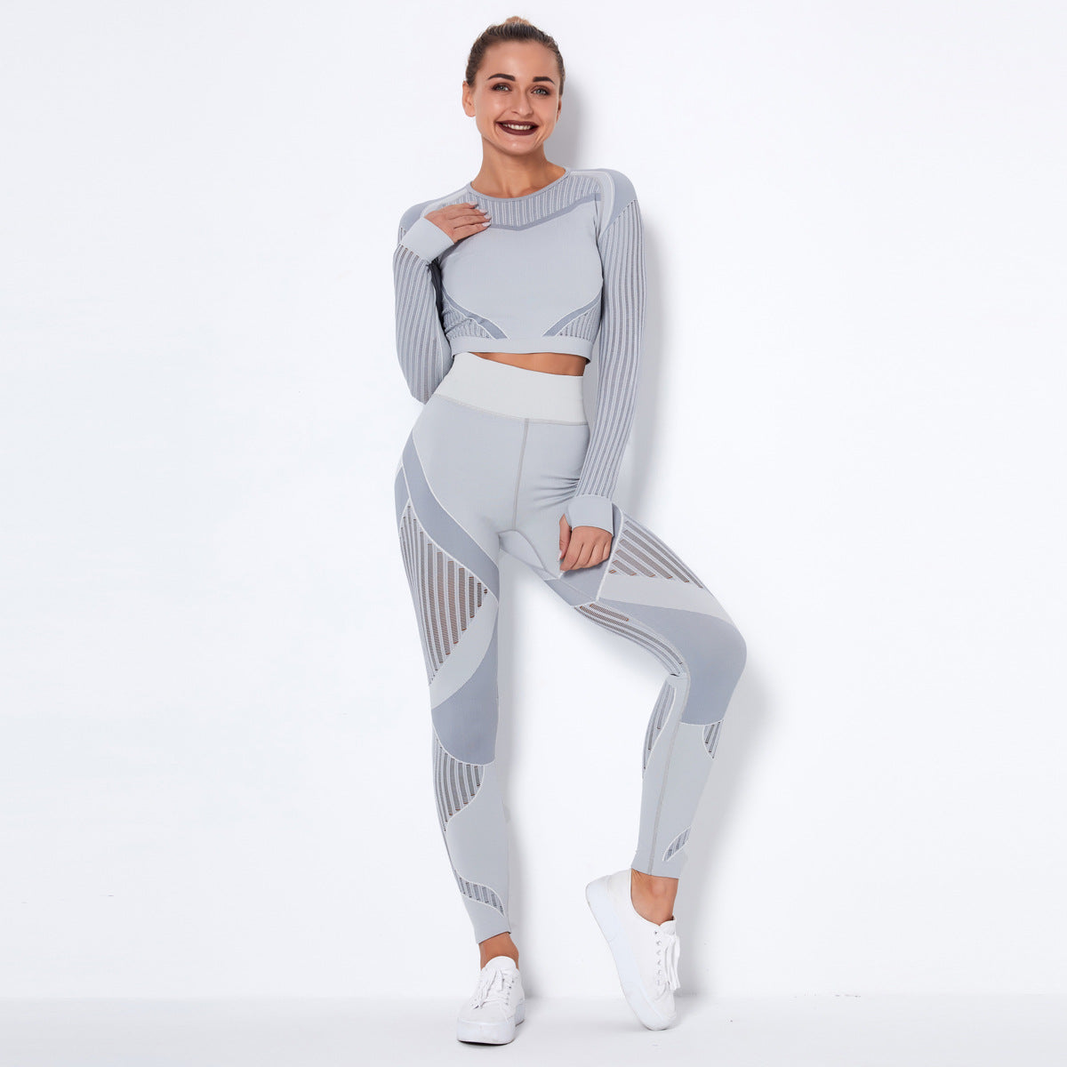 Women 2 Piece Yoga Sets Mesh Breathable Long Sleeve Gym Yoga Wear & Leggings Set Fitness Yoga Wear