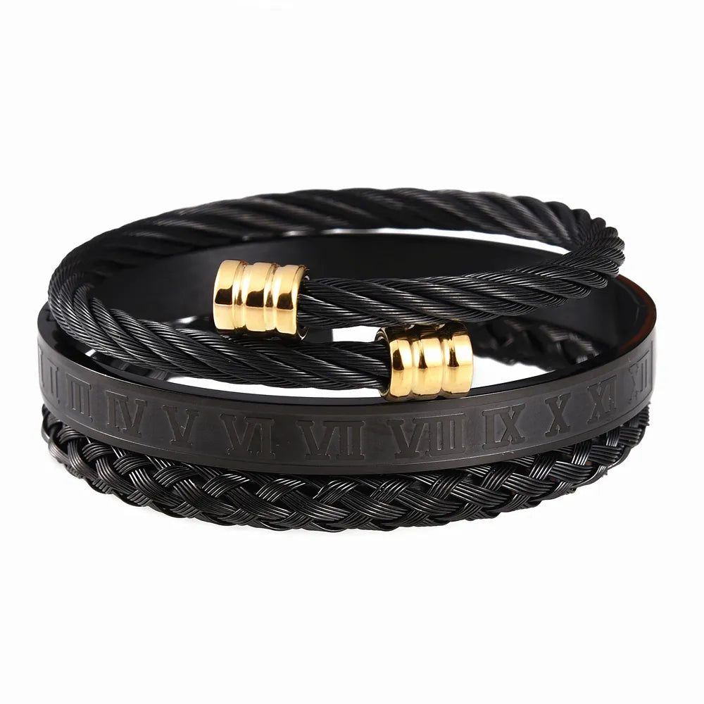 Luxury 3pcs/Set Stainless Steel Bracelet Hip Hop Men Jewelry Roman Number Charm Gold Color Jewelry for  Men Pulseira Bileklik