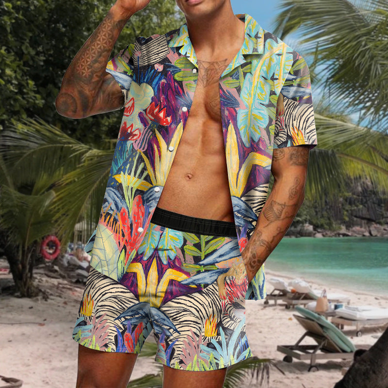 Summer Short Sleeve Shirt Suit Men Fashion Floral Print Hawaiian Shirts + Beach Shorts Casual Beach Clothing Sets Vetement Homme