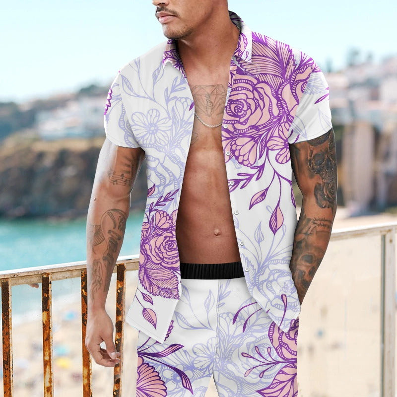 Summer Short Sleeve Shirt Suit Men Fashion Floral Print Hawaiian Shirts + Beach Shorts Casual Beach Clothing Sets Vetement Homme