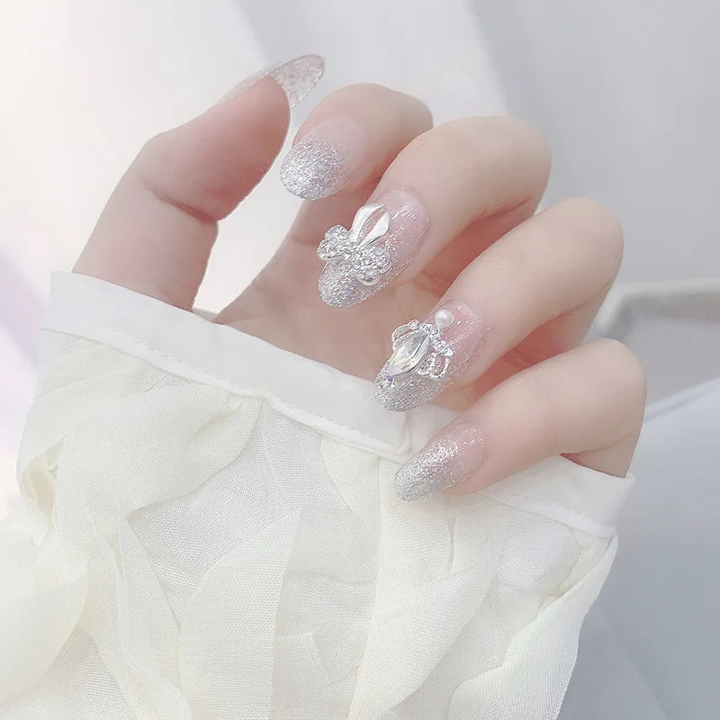24pcs False Nails Floral Beads Decorated Artificial Nail Tips Bride Reusable Fingernails Fake Nail Press on Nail накладные ногти