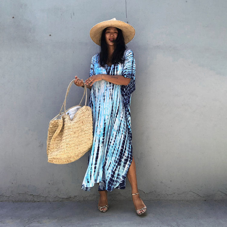 Wholesale Tie Dye Boho Kimono Beach Cover Up Cotton Sarong Beachwear Dress Ladies Kaftan