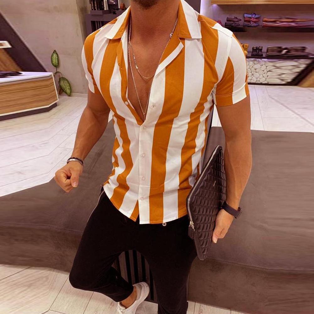 Men Fashion Shirts Casual Multicolor Striped Lapel Shirts Short-Sleeve Top Blouse Men Shirt Summer