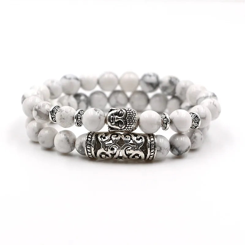 YIZIZAI 2Pcs/Set Tibetan Buddha Head Bracelet Jewelry Natural Stone Bead Bracelets Men Women Lava Onyx Turquoises Jewellry Gift