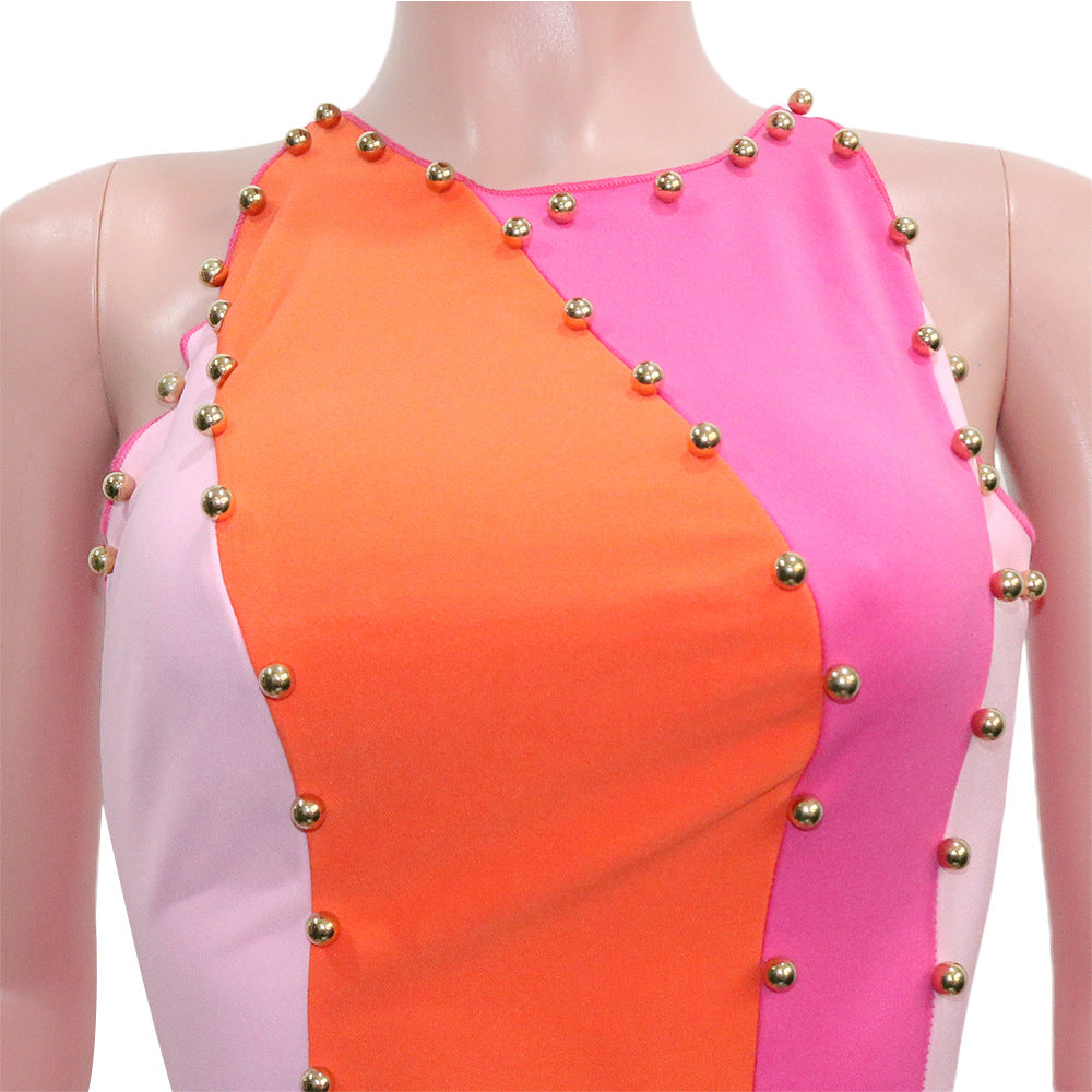 Woman Pencil Patchwork Dress Sexy Sleeveless Rivet Skinny Dress Fashion Clothing