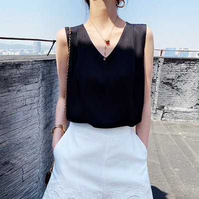 Formal Silk Blouses Elegant Women Solid Sleeveless Tank Luxury Tops Ladies Fashion White Satin Office Summer Blouses for Woman