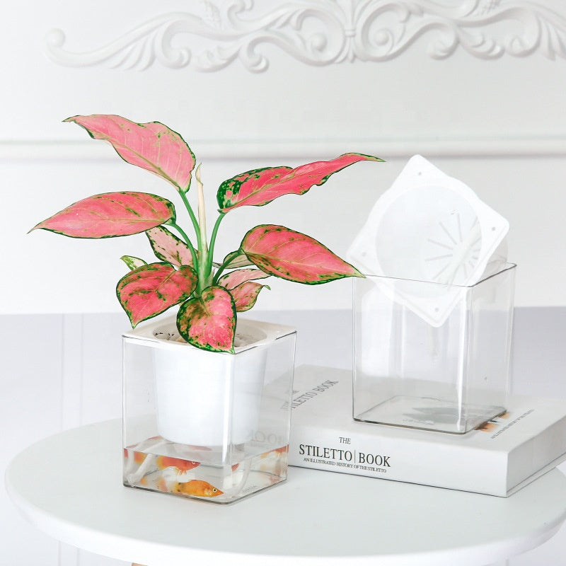 Self Watering Square Planter Plastic Flower Pot Clear Glass Hydroponic Flower-Pot