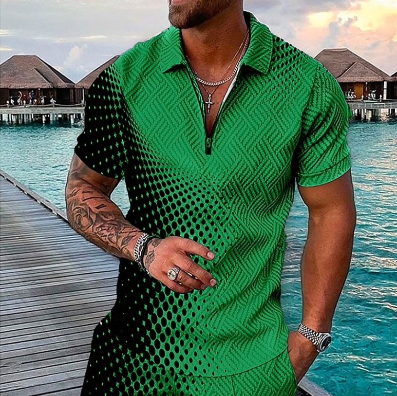 Men's Casual Pattern Print Short Sleeve Zipper Polo Shirt 2022 Brand Men Short-Sleeved Summer Shirt Clothing