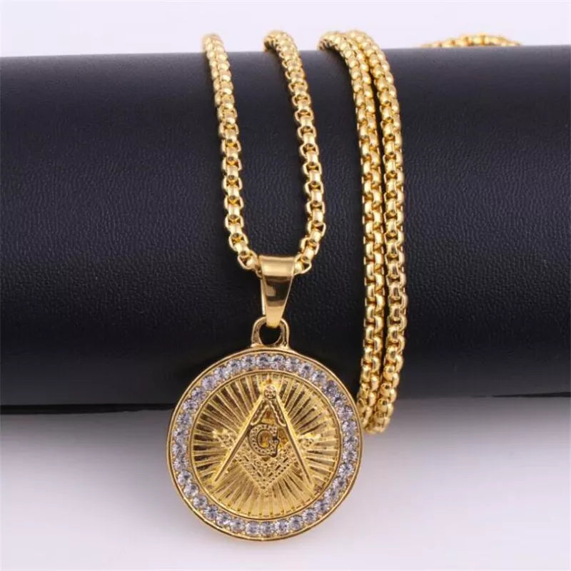Men\'s Classic Punk Gold Plated Freemason Round Medal Pendant Necklace Hip Hop Style Rock Party Jewelry