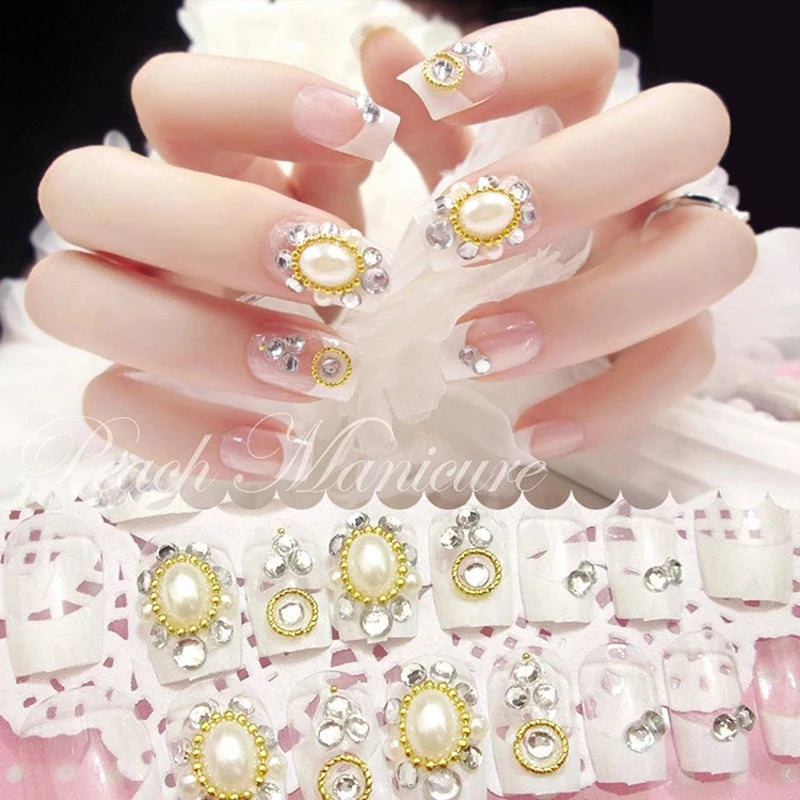 24pcs False Nails Floral Beads Decorated Artificial Nail Tips Bride Reusable Fingernails Fake Nail Press on Nail накладные ногти