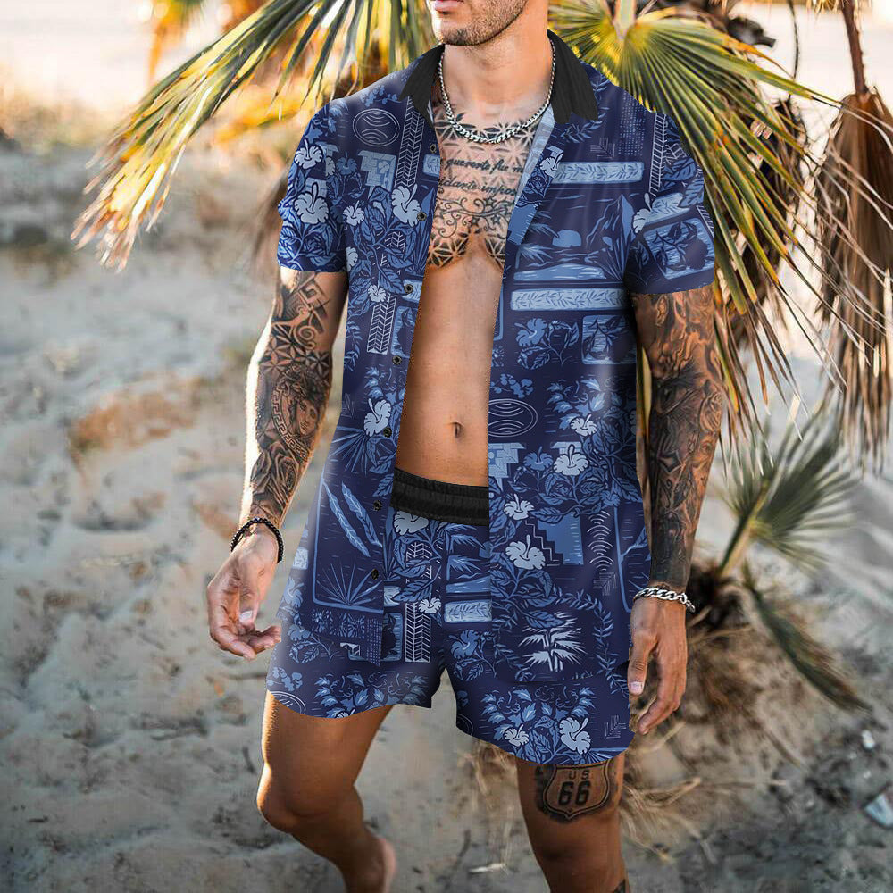 Summer Short Sleeve Shirt Suit Men Fashion Floral Print Hawaiian Shirts + Beach Shorts Casual Beach Clothing Sets Vetement Homme