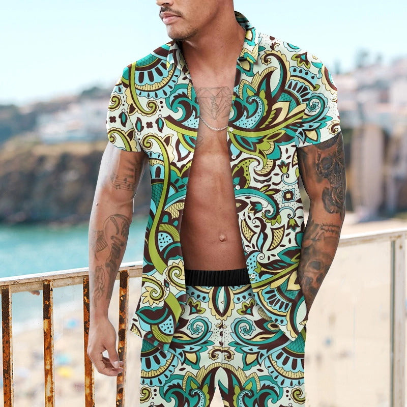 Summer Short Sleeve Shirt Suit Men Fashion Floral Print Hawaiian Shirts + Beach Shorts Casual Beach Clothing Sets Vetement Homme