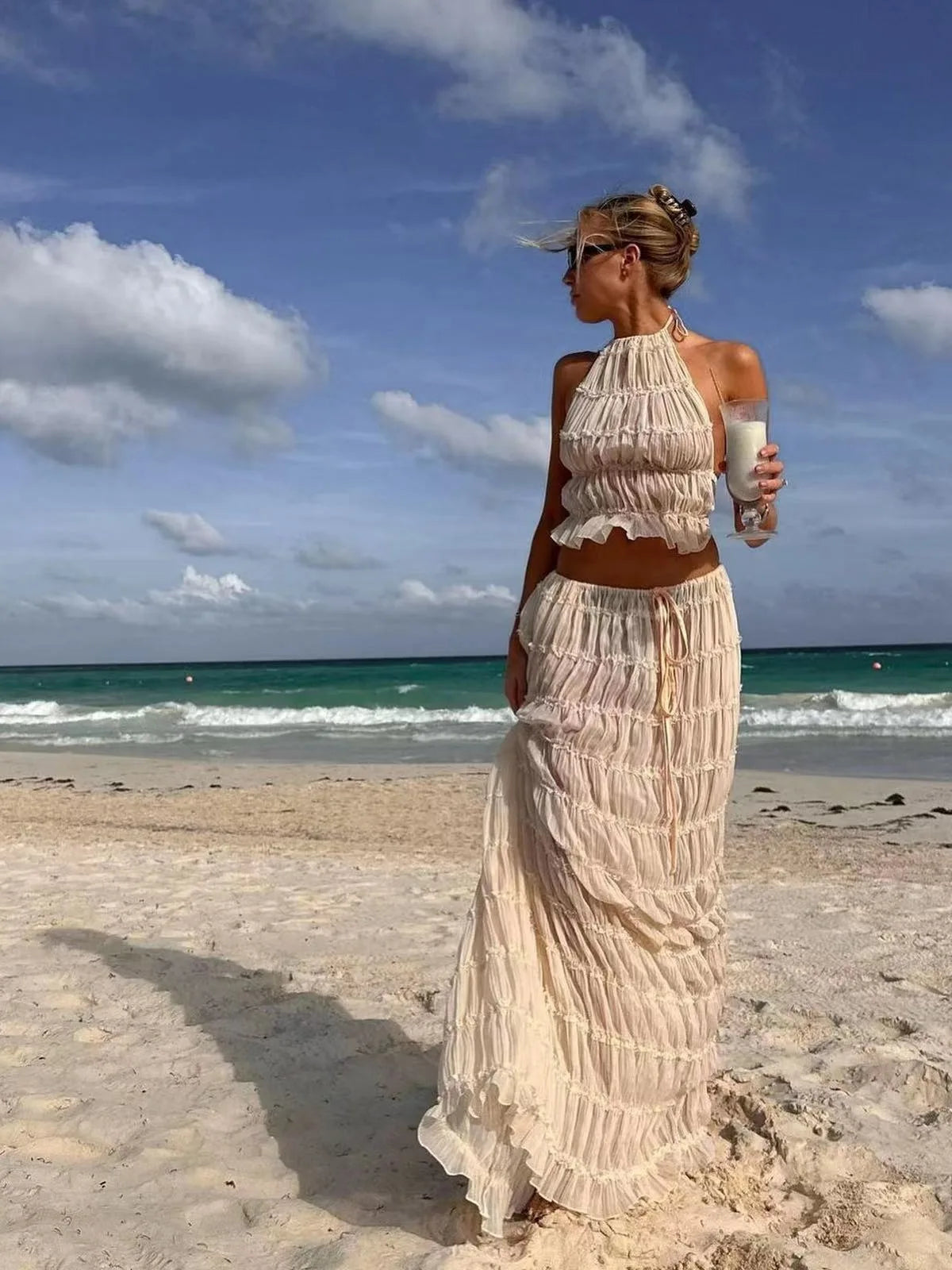 Backless Halter Camisole Top Drawstring Chiffon Pleated Long Maxi Skirt 2 Piece Set