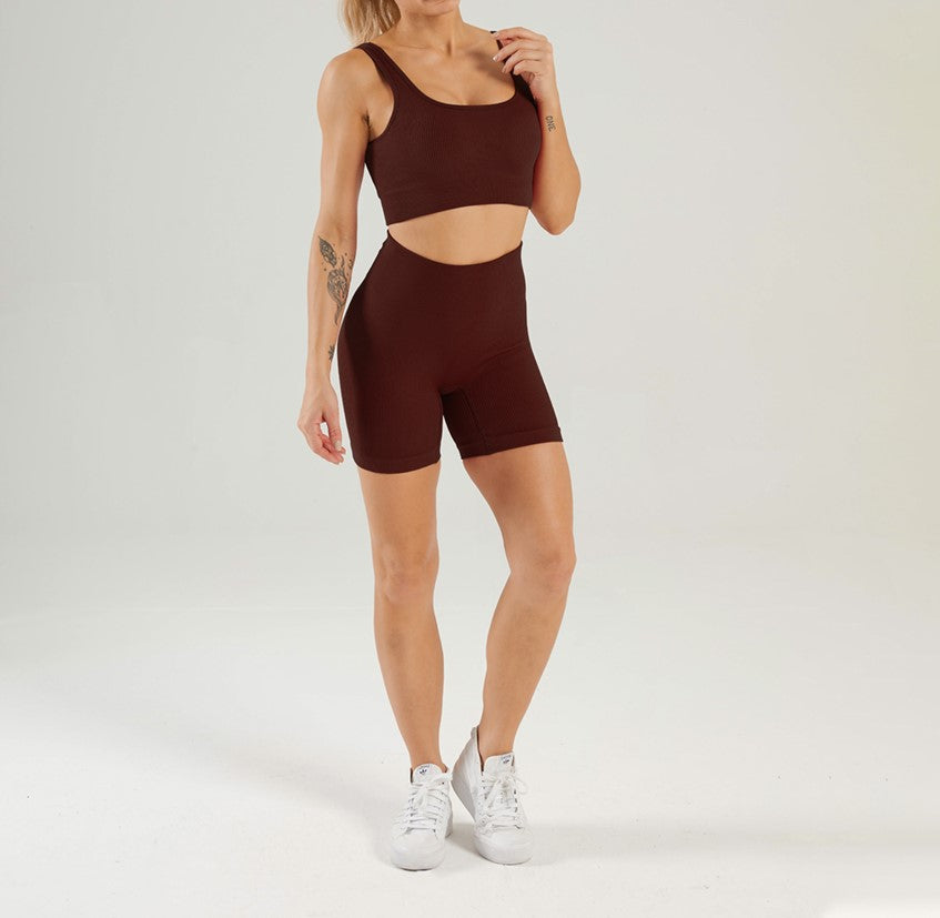 Women Seamless Active Wear Ribbed Fitness Gym Wear Square-Neck Bra Workout Shorts Two Pieces Yoga Set