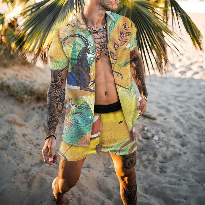 Summer Short Sleeve Shirt Suit Men Fashion Floral Print Hawaiian Shirts + Beach Shorts Casual Beach Clothing Sets Vetement Homme