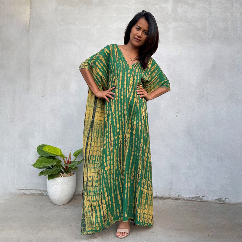 Wholesale Tie Dye Boho Kimono Beach Cover Up Cotton Sarong Beachwear Dress Ladies Kaftan