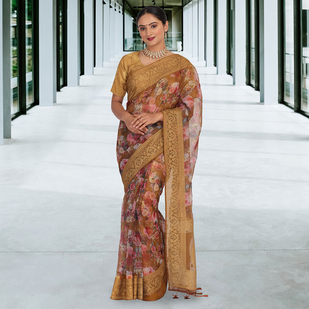 Organza Digital Print Banarasi Sari - Brown