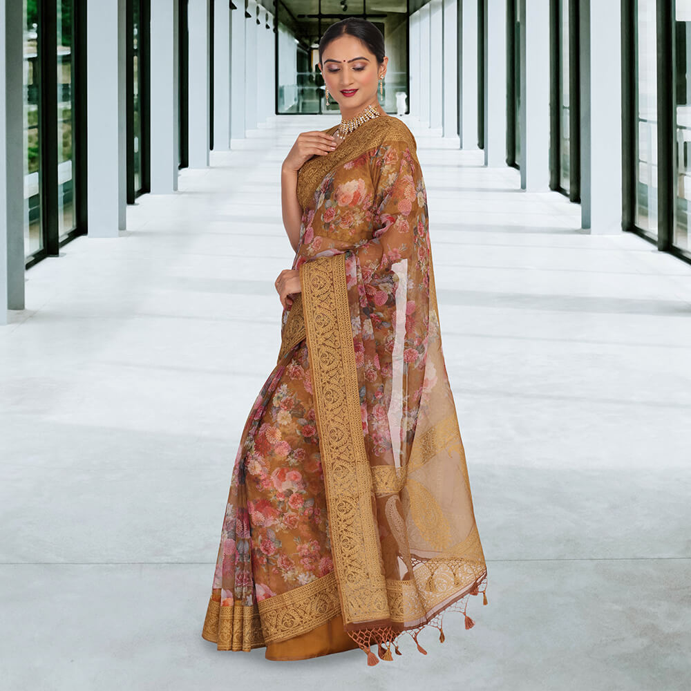Organza Digital Print Banarasi Sari - Brown