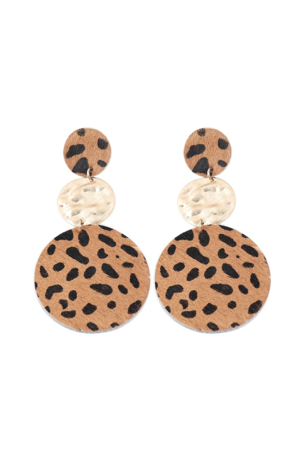 Round Leopard Leather With Metal Link Drop Earrings