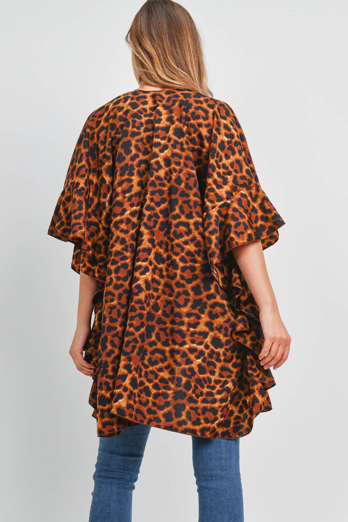 Ms0118br - Brown Leopard Ruffle Kimono