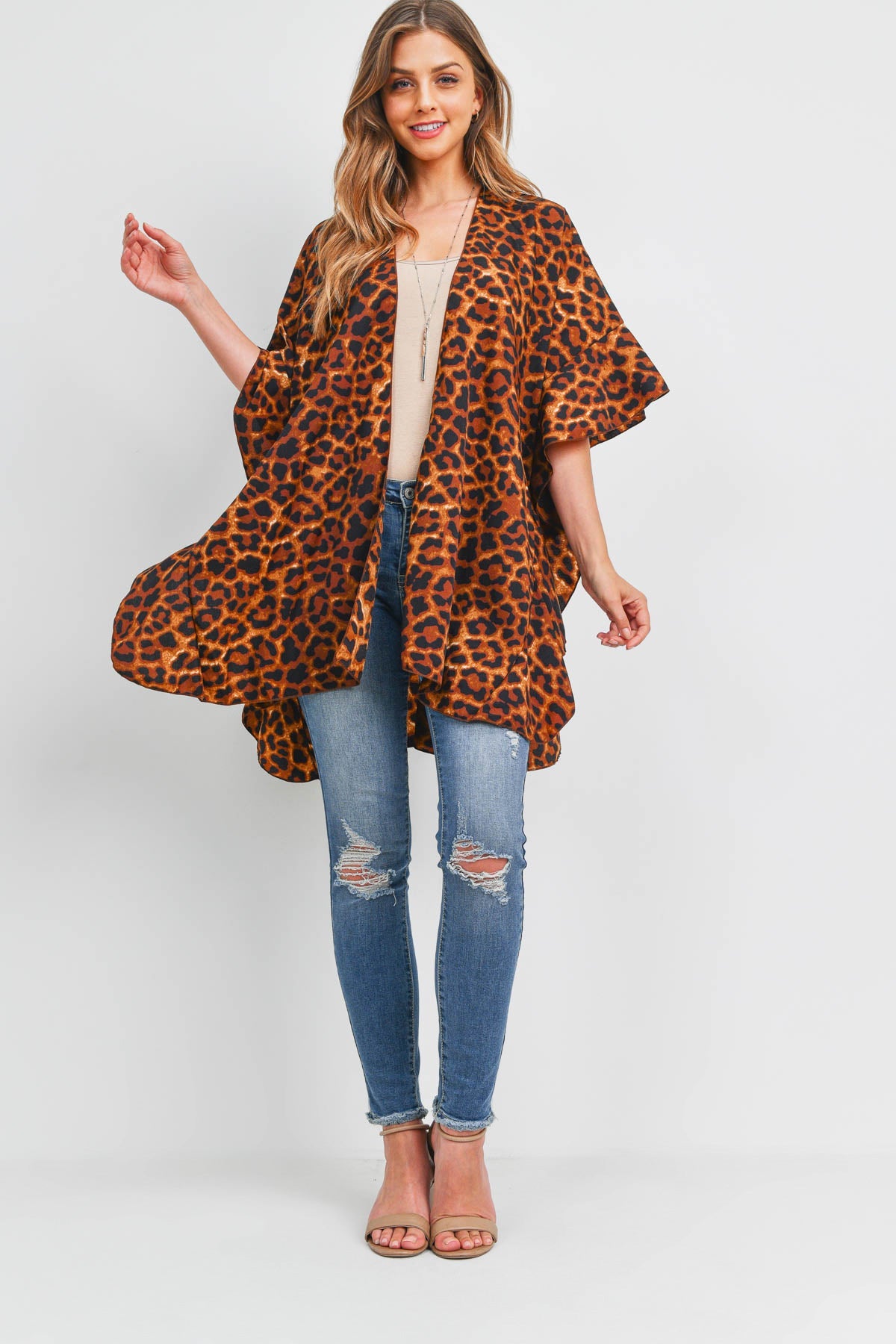 Ms0118br - Brown Leopard Ruffle Kimono